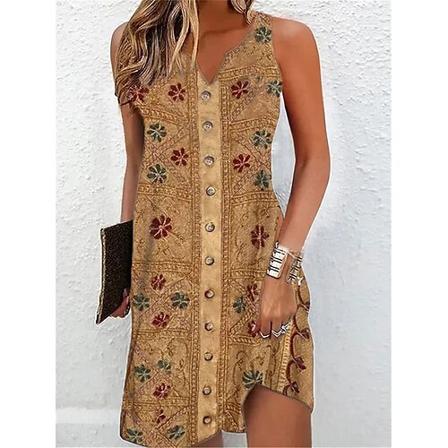 

Mulheres Vestido casual vestido étnico Vestido Tipo Regata Longa Floral Tribal Botão Imprimir Pescoço Dividido Minivestido Vintage Étnico Ao ar livre Encontro Sem Manga Normal cáqui Verão Primavera S