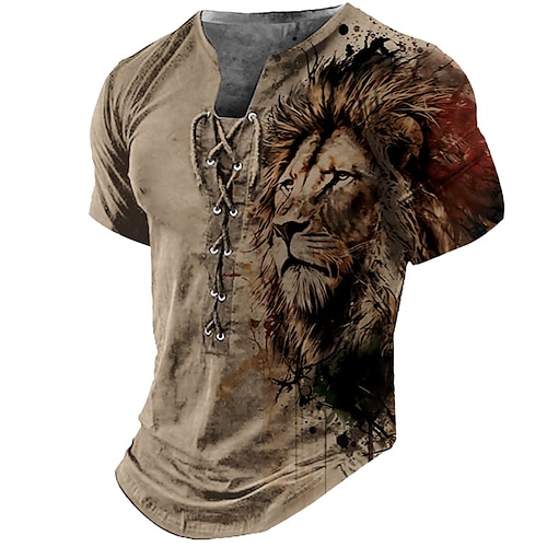 

Herren T Shirt Henley Shirt Graphic Tier Löwe Ständer Bekleidung 3D-Druck Täglich Sport Kurzarm mit Schnürung Bedruckt Modisch Designer Vintage