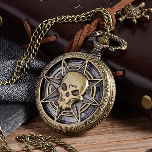 Montre De Poche Quartz Rétro En Bronze - Style Steampunk Avec Tête De Mort Pirate - Chaîne 30 Cm