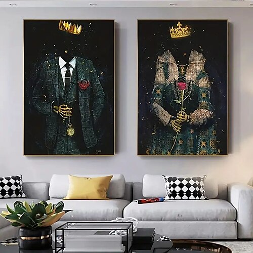 

1pc caveira rei e rainha arte abstrata em tela casal pinturas de tecido de luxo arte de parede pôsteres e estampas pintura em tela de parede para decoração de sala de estar