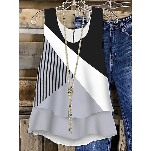 

Women's Tank Top Black Color Block Striped Print Sleeveless Casual Basic Round Neck Regular S