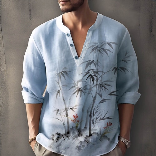 

Homens Camisa Social camisa de linho Estampas Abstratas Folhas Colarinho Chinês Rosa Azul Cáqui Cinzento Ao ar livre Rua Manga Longa Imprimir Roupa Linho Moda Roupa de rua Designer Casual