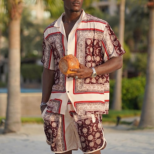 

Men's Shirt Shirt Set Summer Hawaiian Shirt Paisley Tribal Graphic Prints Vintage Cuban Collar Wine Outdoor Street Short Sleeves Print Clothing Apparel Fashion Streetwear Designer Soft