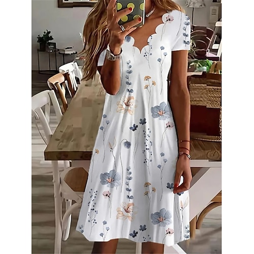 

Women's Casual Dress Summer Dress Print Dress Floral Print Scalloped Neck Mini Dress Active Fashion Outdoor Daily Short Sleeve Regular Fit White Summer Spring S M L XL XXL