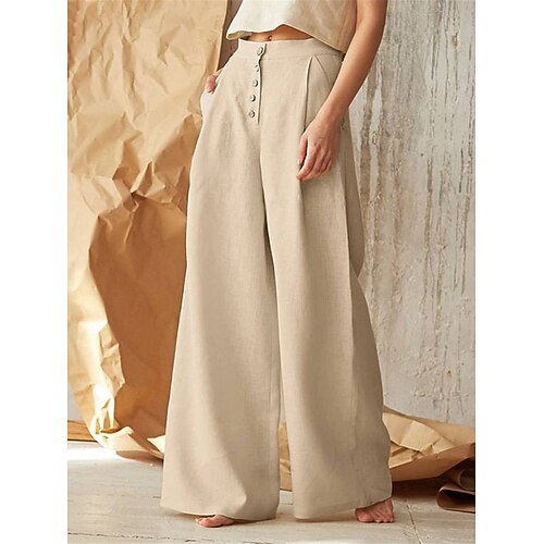 

Vêtements d'intérieur Bas Plein Air Rendez-vous Aéroport Femme Coton et lin Respirable Mode simple Décontractées Pantalon long Bouton Eté Printemps Couleur monochrome