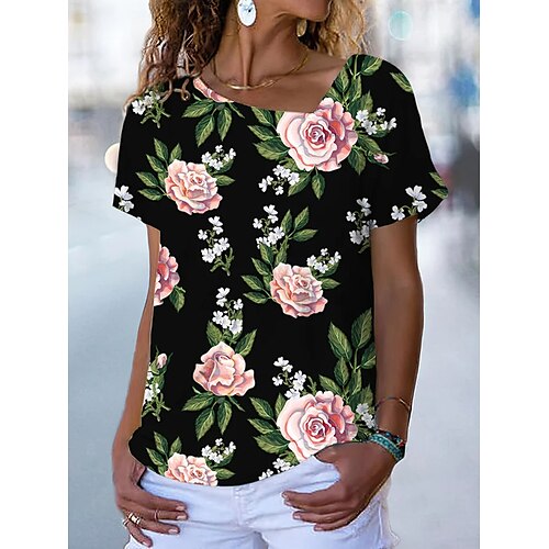 

T shirt Tee Femme Noir bleu marine Kaki Floral Imprimer Manche Courte Vacances Fin de semaine basique Col V Normal Standard Fleur Peinture S