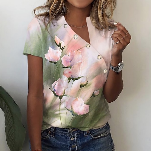 

Mujer Camiseta Rosa Floral Botón Estampado Manga Corta Diario Festivos Básico Escote en Pico Regular Flor Pintura S