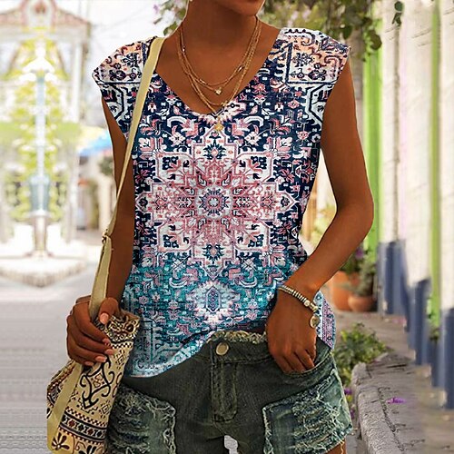 

Damen Tank Top Rote Blau Purpur Graphic Bedruckt Ärmellos Casual Basic V Ausschnitt Standard S