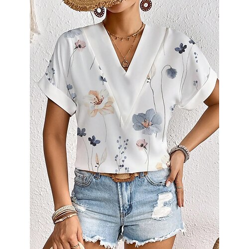 

Mujer Camiseta Blanco Verde Trébol Floral Estampado Manga Corta Festivos Fin de semana Básico Escote en Pico Regular Flor Pintura S