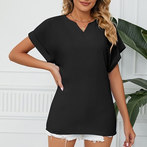 

Mulheres Camiseta Chifon Solto Cor Sólida / Simples Básico Decote V Mangas Enroladas Verão ervilha verde Preto Branco Rosa Azul Céu