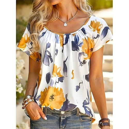 

Mulheres Camisa Social Blusa Branco Vermelho Azul Claro Floral Imprimir Manga Curta Casual Feriado Básico Decote Redondo Padrão Tema Flores S
