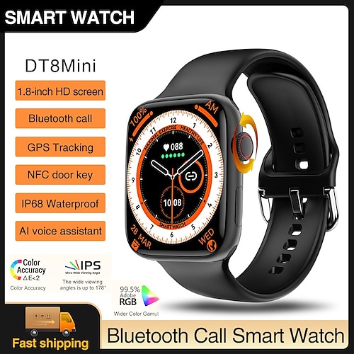 

696 DT8Mini Montre intelligente 1.8 pouce Smartwatch Montre Connectée Bluetooth Podomètre Rappel d'Appel Moniteur de Sommeil Compatible avec Android iOS Femme Hommes Mode Mains-Libres Rappel de