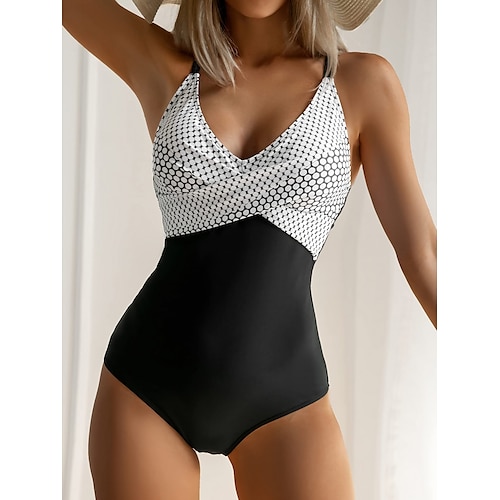

Fashion Polka Dots Swimsuits Women Modest One Piece Swimsuits Padded Push Up Ladies Stripes Backless Swimwear Vintage Bathing Suits Retro Camisole Beach Wear S-XXL