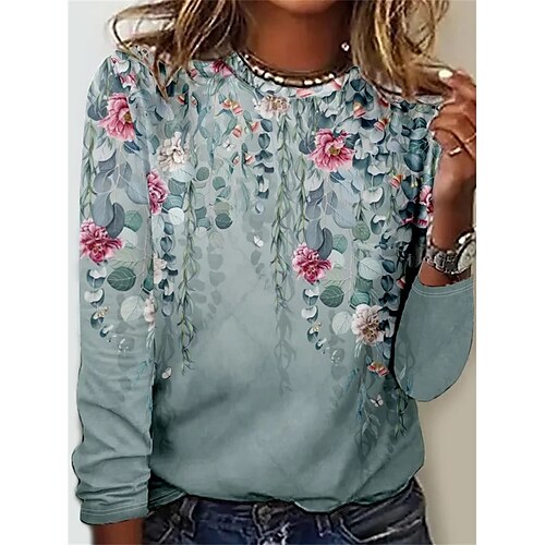 

Women's T shirt Tee Light Green Blue Purple Floral Print Long Sleeve Holiday Weekend Basic Round Neck Floral Painting