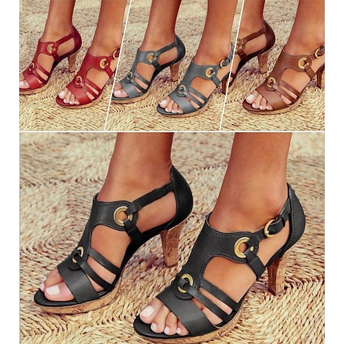 

Women's Heels Sandals Block Heel Sandals Stilettos Gladiator Sandals Roman Sandals Daily Solid Color Cut-out Summer Chunky Heel Open Toe Vintage Minimalism Faux Leather PU Ankle Strap Wine Red Black