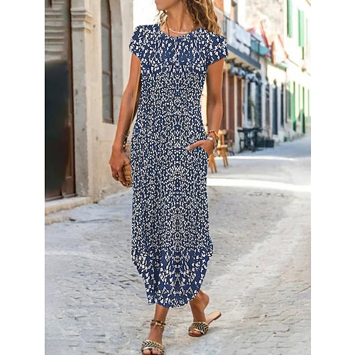 

Women's Casual Dress Shift Dress Summer Dress Floral Ditsy Floral Pocket Split Crew Neck Long Dress Maxi Dress Fashion Streetwear Outdoor Daily Short Sleeve Regular Fit Wine Blue Dark Green Summer