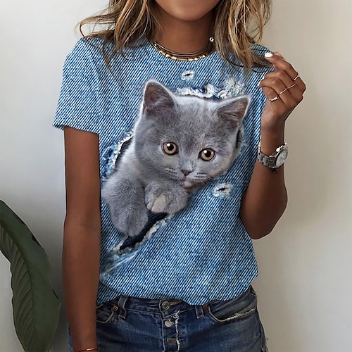 

Mujer Camiseta Azul Piscina Gato 3D Estampado Manga Corta Diario Fin de semana Básico Escote Redondo Regular Gato 3D Pintura S