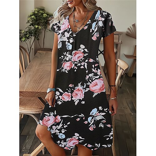 

Women's Casual Dress Summer Dress Print Dress Floral Print V Neck Midi Dress Active Fashion Outdoor Street Short Sleeve Regular Fit Black White Red Summer Spring S M L XL XXL