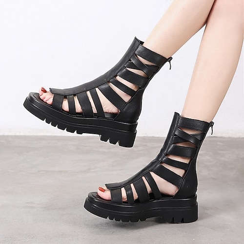 

Mujer Sandalias Zapatos Confort Sandalias de plataforma Diario Cremallera Tacón Cuña Puntera abierta Moda Clásico PU Cremallera Color sólido Negro