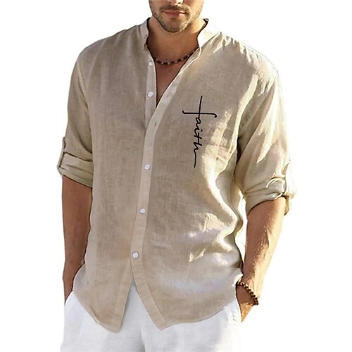 

Homme Chemise Chemise Lin Imprimés Photos Croix Mao Kaki Gris Extérieur Plein Air manche longue Imprimer Vêtement Tenue Lin Mode Vêtement de rue Design Décontractées