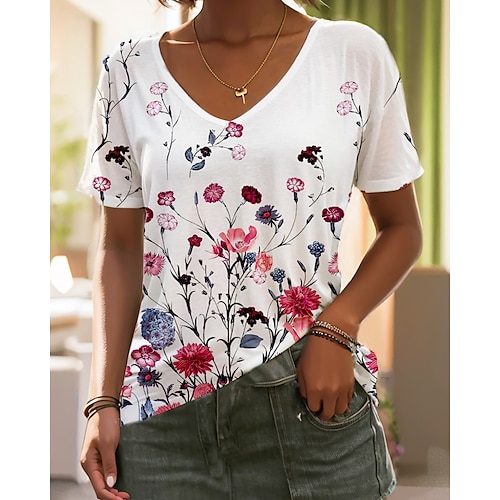 

Damen T Shirt Rote Blau Grün Blumen Bedruckt Kurzarm Festtage Wochenende Basic V Ausschnitt Standard Blume Farbe S