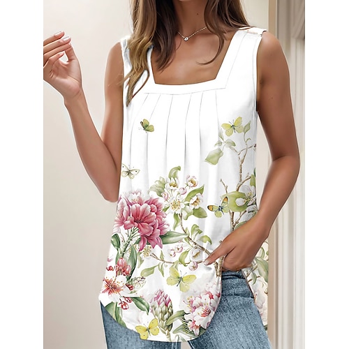 

Mulheres Malha Íntima Branco Azul Verde Floral Imprimir Sem Manga Casual Feriado Básico Decote Quadrado Padrão Tema Flores S