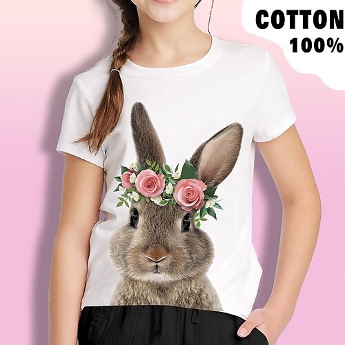 

Fille T-shirt Manche Courte T-shirt Tee-shirts Bande dessinée Floral Lapin 3D effet Actif Mode Le style mignon 100% Coton Extérieur Casual du quotidien Enfants Col ras du cou 3-12 ans Graphique