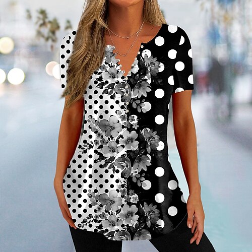 

Women's T shirt Tee Black Pink Blue Floral Polka Dot Button Print Short Sleeve Holiday Weekend Basic Round Neck Regular Floral Painting S