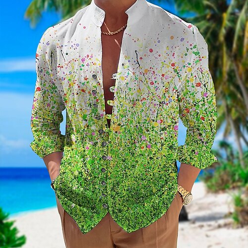 

Men's Shirt Linen Shirt Floral Graphic Prints Stand Collar Yellow Green Outdoor Street Long Sleeve Print Clothing Apparel Linen Fashion Streetwear Designer Casual