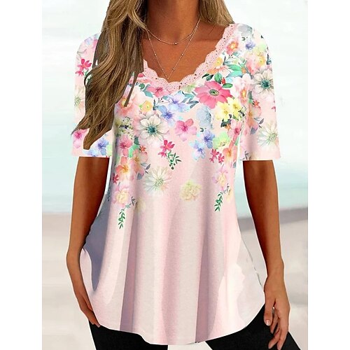 

Damen T Shirt Bluse Rosa Blumen Bedruckt Kurzarm Casual Festtage Basic V Ausschnitt Standard Blume S