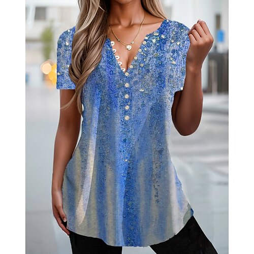 

Women's T shirt Tee Blouse Pink Blue Green Graphic Button Print Short Sleeve Casual Basic Round Neck Regular S