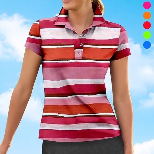 

Damen poloshirt Golfhemd Geknöpftes Poloshirt Atmungsaktiv Schnelltrocknend Feuchtigkeitsableitung Kurzarm Golfbekleidung Golfkleidung Regular Fit Streifen Sommer Tennis Golfspiel Pickleball
