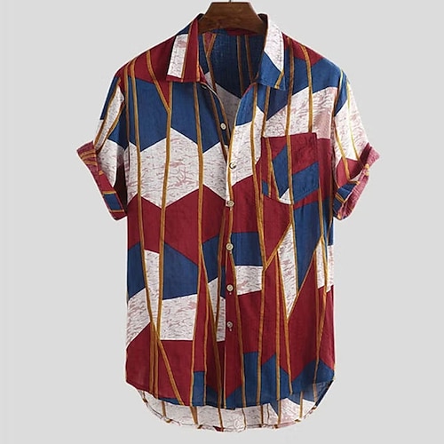 

Homens Camisa Social Bloco de cor Estampas Abstratas Geometria Aberto para a Lateral Amarelo Vermelho Ao ar livre Rua Manga Curta Imprimir Roupa Moda Designer Casual Macia