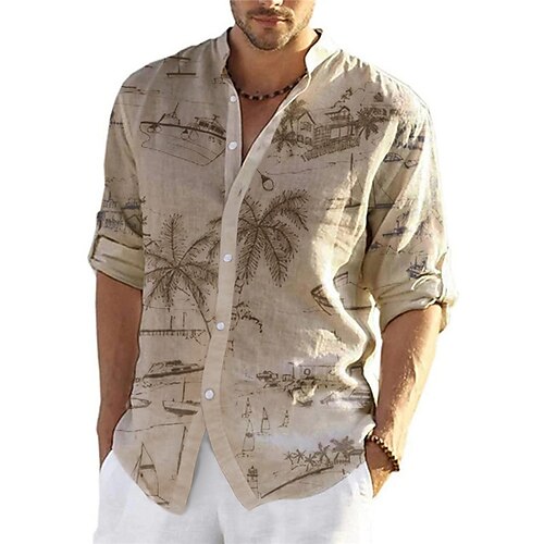 

Hombre Camisa camisa de lino Árbol de coco Estampados Escote Chino Azul Piscina Caqui Exterior Calle Manga Larga Estampado Ropa Lino Moda Ropa de calle Design Casual