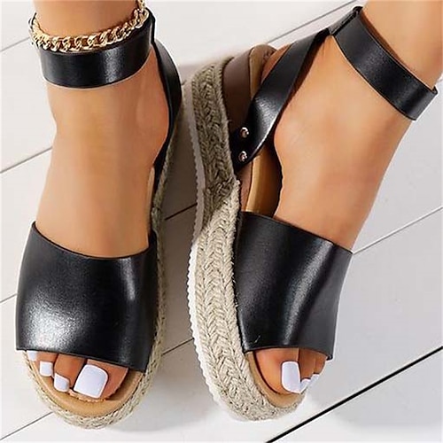 

Femme Sandales Chaussures de confort Grandes Tailles du quotidien Hauteur de semelle compensée Bout ouvert Décontractées Minimalisme Faux Cuir Lanière de cheville Couleur unie Noir Marron Kaki