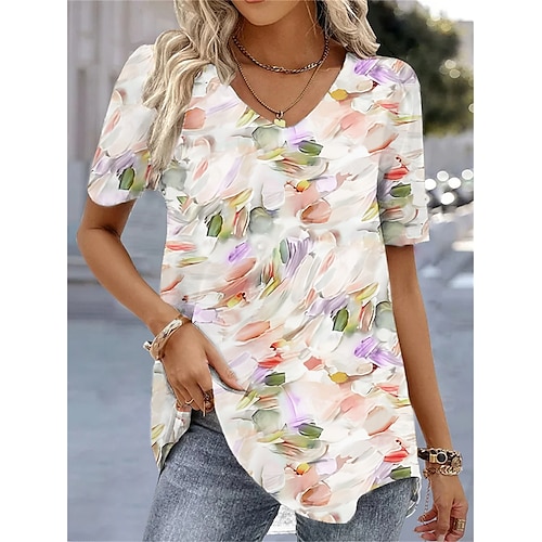 

Women's T shirt Tee Pink Orange Green Floral Print Short Sleeve Casual Holiday Basic V Neck Regular Floral S