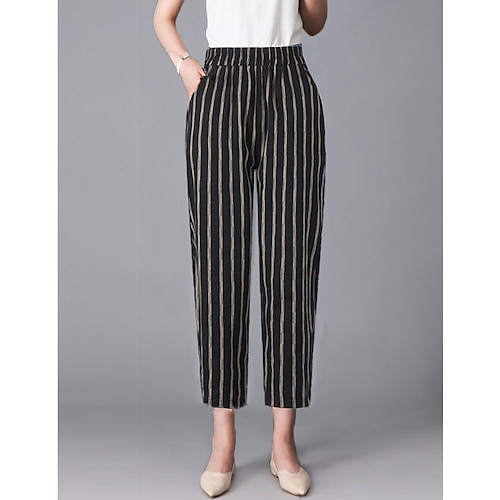 

Mulheres Calças Calças Harem Algodão E Linho Preto Branco Marron Cintura Alta Roupa de rua Casual Conforto Férias Casual / Diário Final de semana Bolsos Comprimento total Conforto Listrado M L XL 2XL