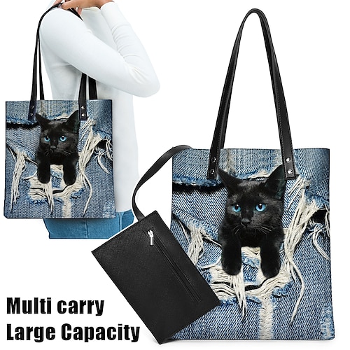 

Women's Tote Bag Set Bucket Bag PU Leather Shopping Daily Print Large Capacity Waterproof Durable Cat 3D Blue