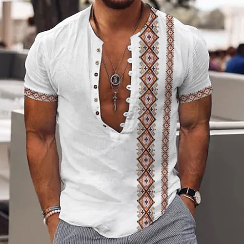 

Homens Camisa Social camisa de linho Estampas Abstratas Geometria Sem Colarinho Vermelho Azul Roxo Verde Ao ar livre Rua Manga Curta Imprimir Roupa Linho Moda Roupa de rua Designer Casual