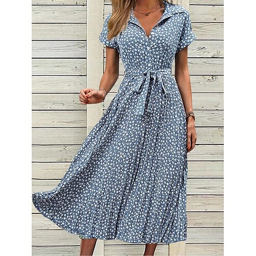 

Tenue décontractée Robe Trapèze Robe à fleurs Femme Petites fleurs Lacet Bouton Col de Chemise Mode Vêtement de rue Extérieur du quotidien Manche Courte Ample Bleu Eté Printemps S M L XL XXL