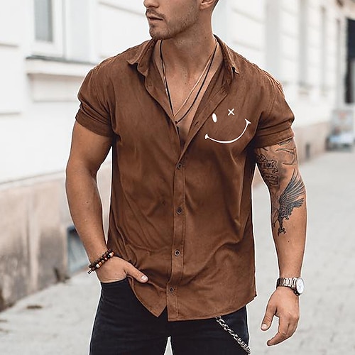 

Homme Chemise Chemise Lin Imprimés Photos Smiley Col rabattu Vin Bleu Marron Kaki Gris Extérieur Plein Air Manches courtes Imprimer Vêtement Tenue Lin Mode Design Décontractées Flexible