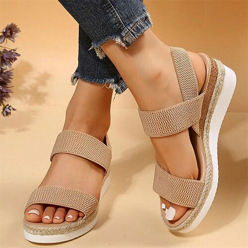 

Women's Sandals Wedge Heels Espadrilles Platform Sandals Outdoor Beach Summer Wedge Heel Vacation Elegant Casual Tissage Volant Elastic Band Solid Color Black White khaki