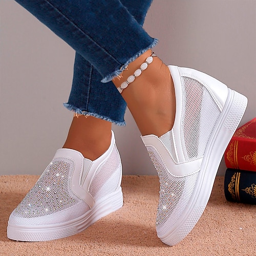 

Women's Sneakers Slip-Ons Loafers Wedge Heels Comfort Shoes Height Increasing Shoes Daily Rhinestone Wedge Heel Hidden Heel Round Toe Fashion Sporty Casual Walking Shoes Mesh Loafer Solid Color