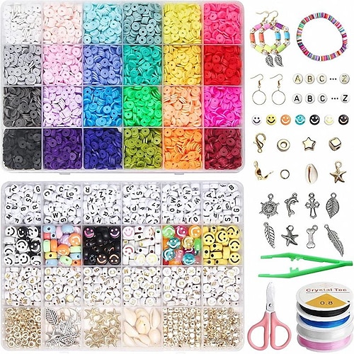 selliner 7200 Pcs Clay Beads,Clay Beads for Jewellery Making,Flat Beads  with Round Beads and Letter Beads for Bracelets Making,Polymer Cay Beads  for