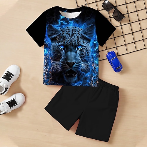 

2 Pieces Kids Boys T-shirt Shorts T-shirtSet Clothing Set Outfit Graphic Animal Leopard Short Sleeve Crewneck Set Outdoor 3D prints Active Sports Fashion Summer Spring 3-13 Years Blue Purple