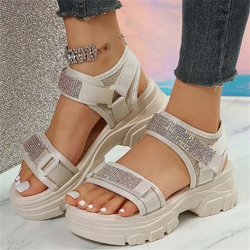 

Femme Sandales Sandales Compensées Chaussures de confort Sandales de Sport Soirée Extérieur du quotidien Eté Strass Billes Hauteur de semelle compensée Bout ouvert Mode Rétro Vintage Décontractées