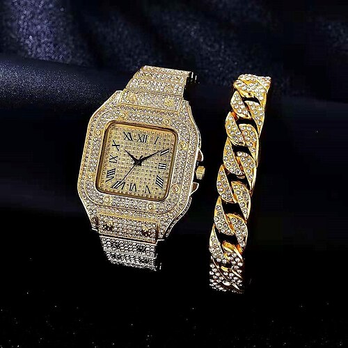 

montre à quartz pour hommes avec bracelets de chaîne ensemble montre carrée de diamant de luxe montre-cadeau de bande d'acier inoxydable