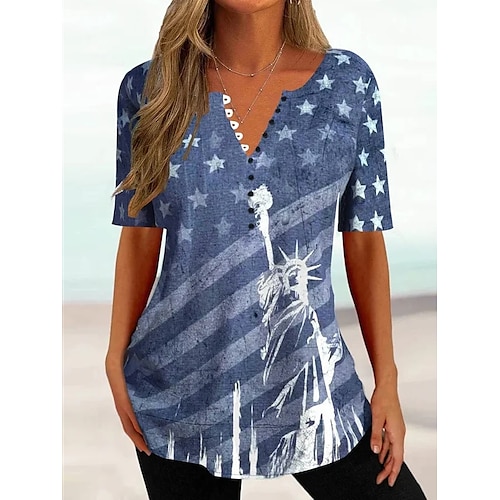 

T shirt Tee Tunique Femme Blanche Rouge Bleu Drapeau américain Bouton Imprimer Manche Courte Casual Jour de l'Indépendance basique Col Rond Normal Standard S