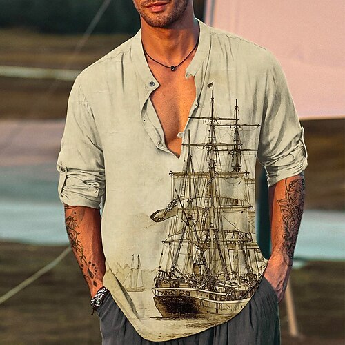 

Herren Hemd leinenhemd Grafik-Drucke Vintage Segelboot Ständer Blau Grün Khaki Outdoor Strasse Langarm Bedruckt Bekleidung Leinen Modisch Strassenmode Designer Brautkleider schlicht