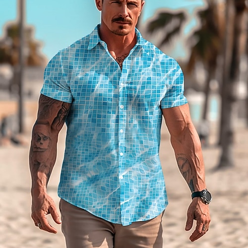 

Herren Hemd leinenhemd Grafik-Drucke Wellen Geometrie Umlegekragen Blau Leicht Blau Outdoor Strasse Kurze Ärmel Bedruckt Bekleidung Leinen Modisch Designer Brautkleider schlicht Weich